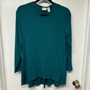 Chicos Womens Teal Green Long Sleeve Top T-Shirt High Low Size 1P Medium Petite